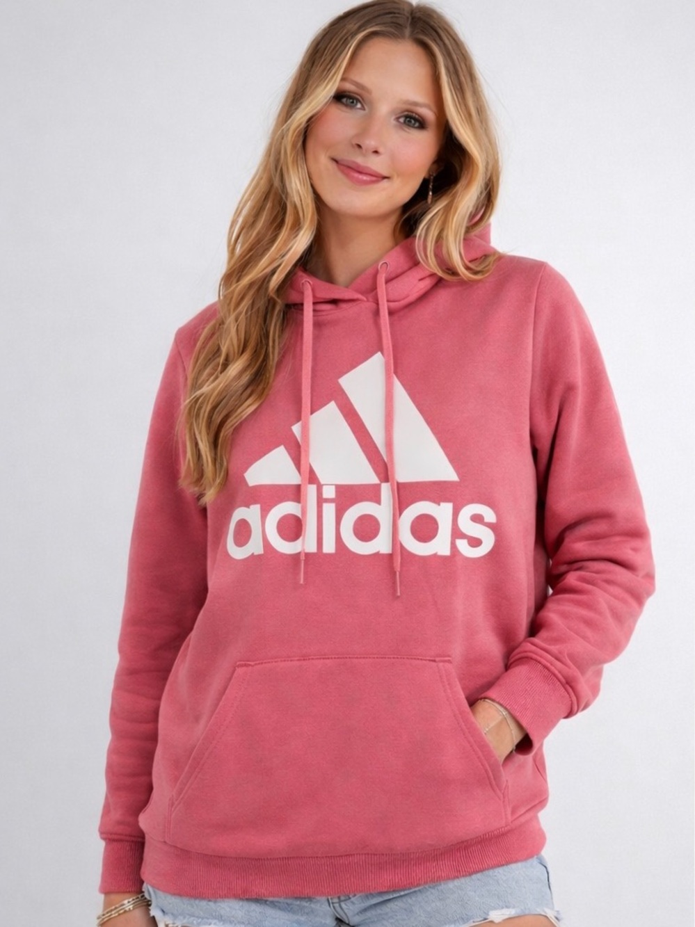 Adidas Pink Logo Hoodie Women’s Size Large Pullover Sweatshirt Pre-Owned
